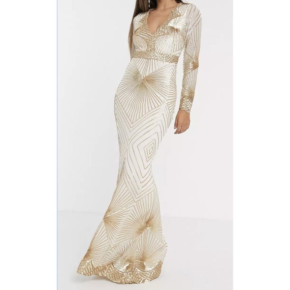 NEW Womens White Evening Gown Sz 8 US Gold Sequin Hourglass Mermaid Glam Gala‎